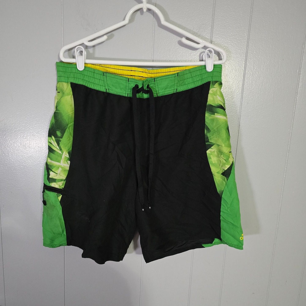 Adidas Board Shorts Mens Large Black Green Tropical Leaf Print Swim Trunks‎